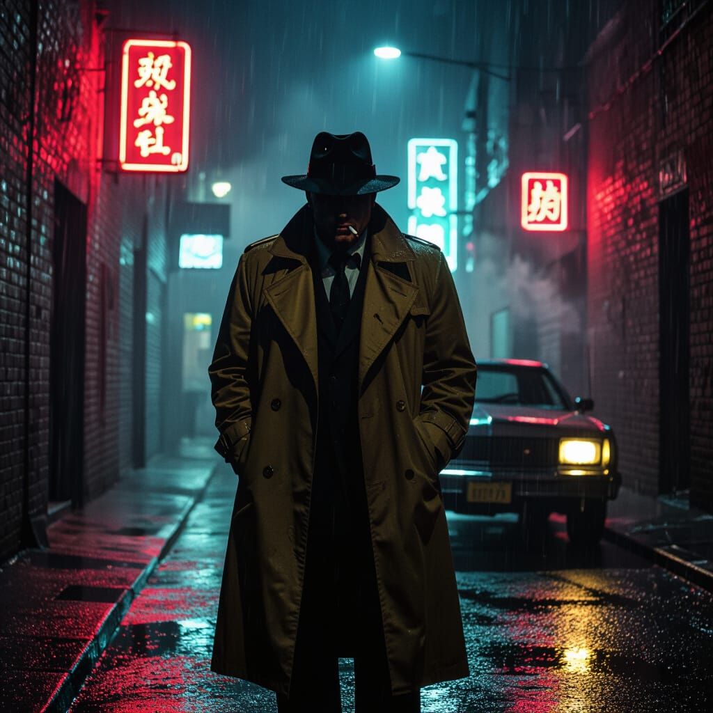 1980s Detective in Neon Alleyway, Film Noir Style