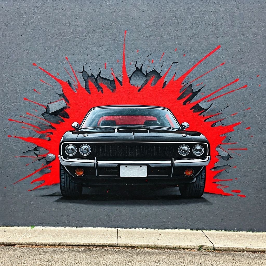 Street Art Mural: Muscle Car Breaks Through Wall