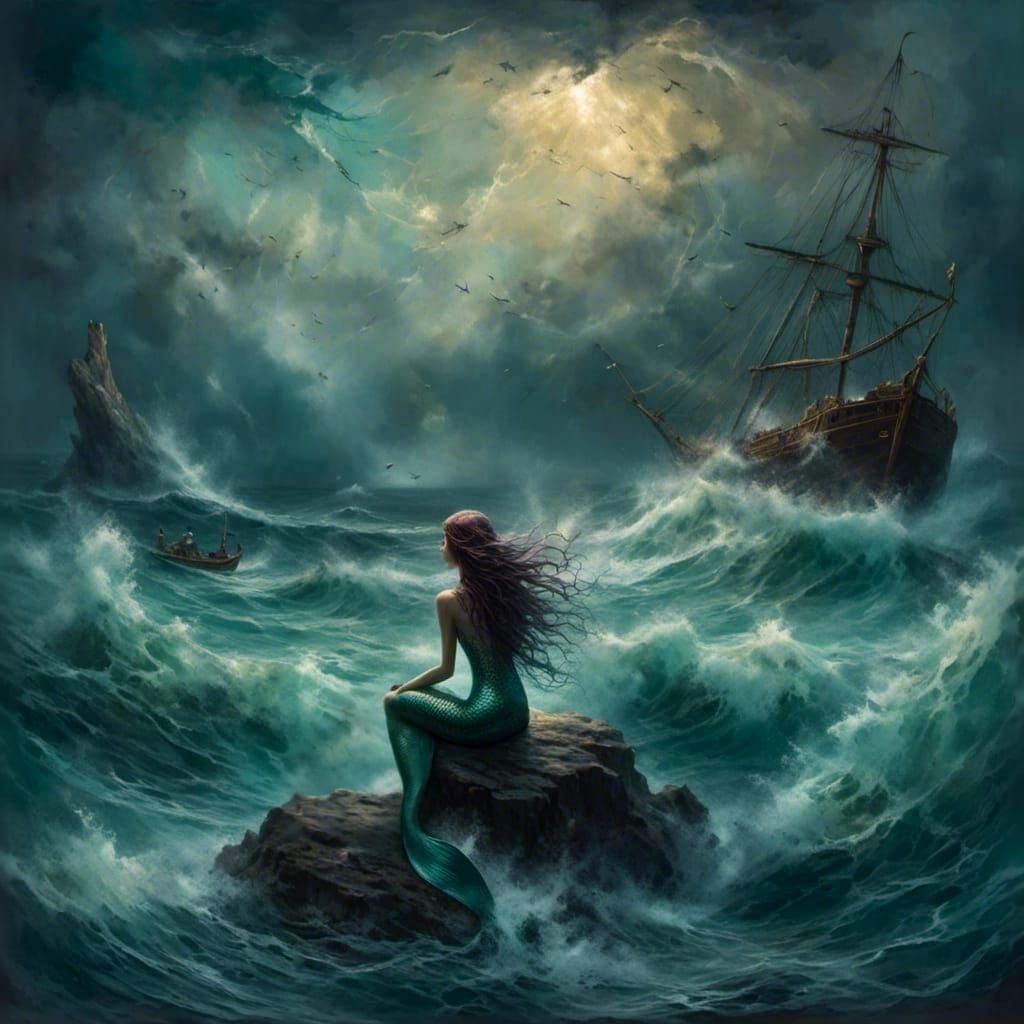Mermaid Contemplating Sailors in Stormy Seas