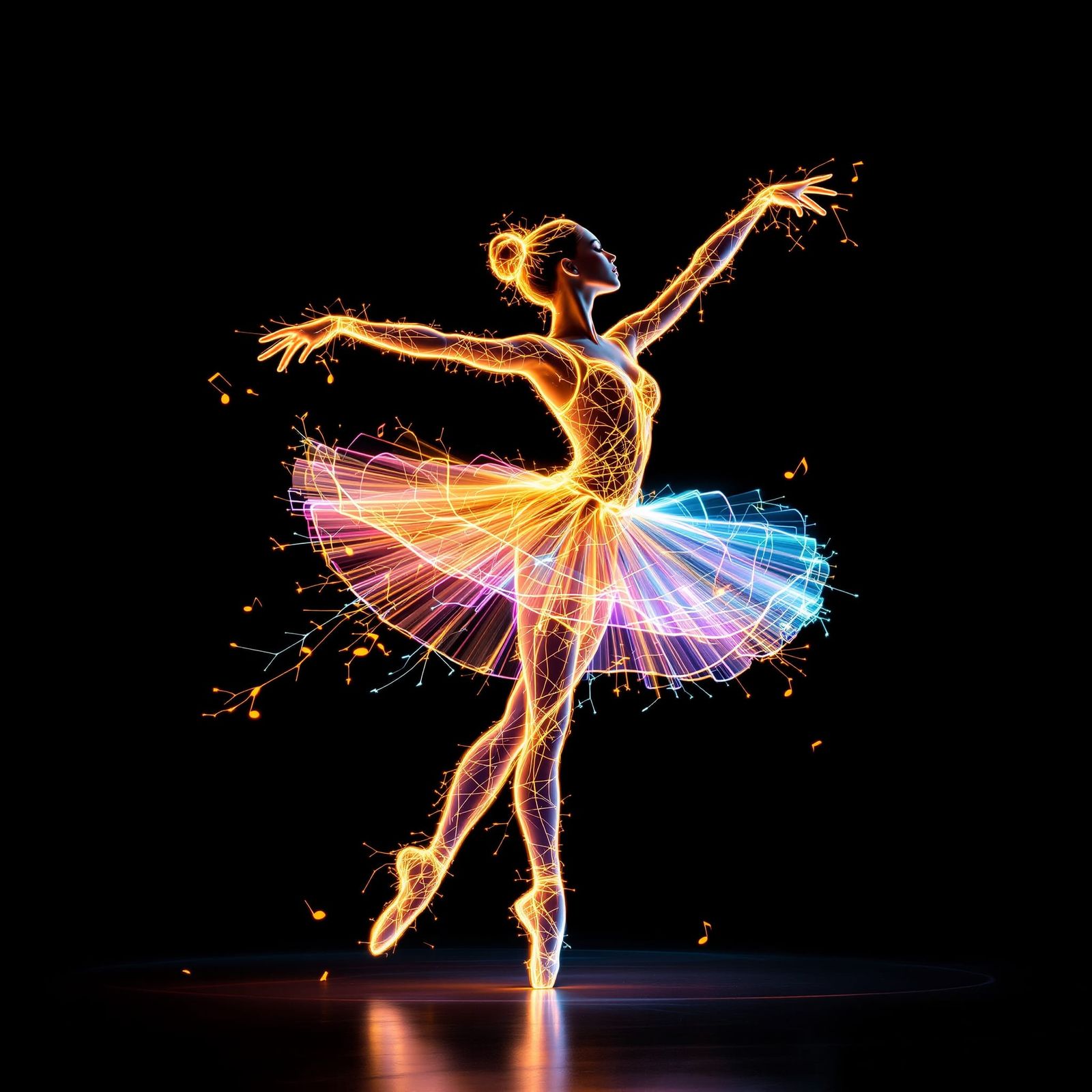 Ballet Dancer Made of Neon Light Spinning in Motion