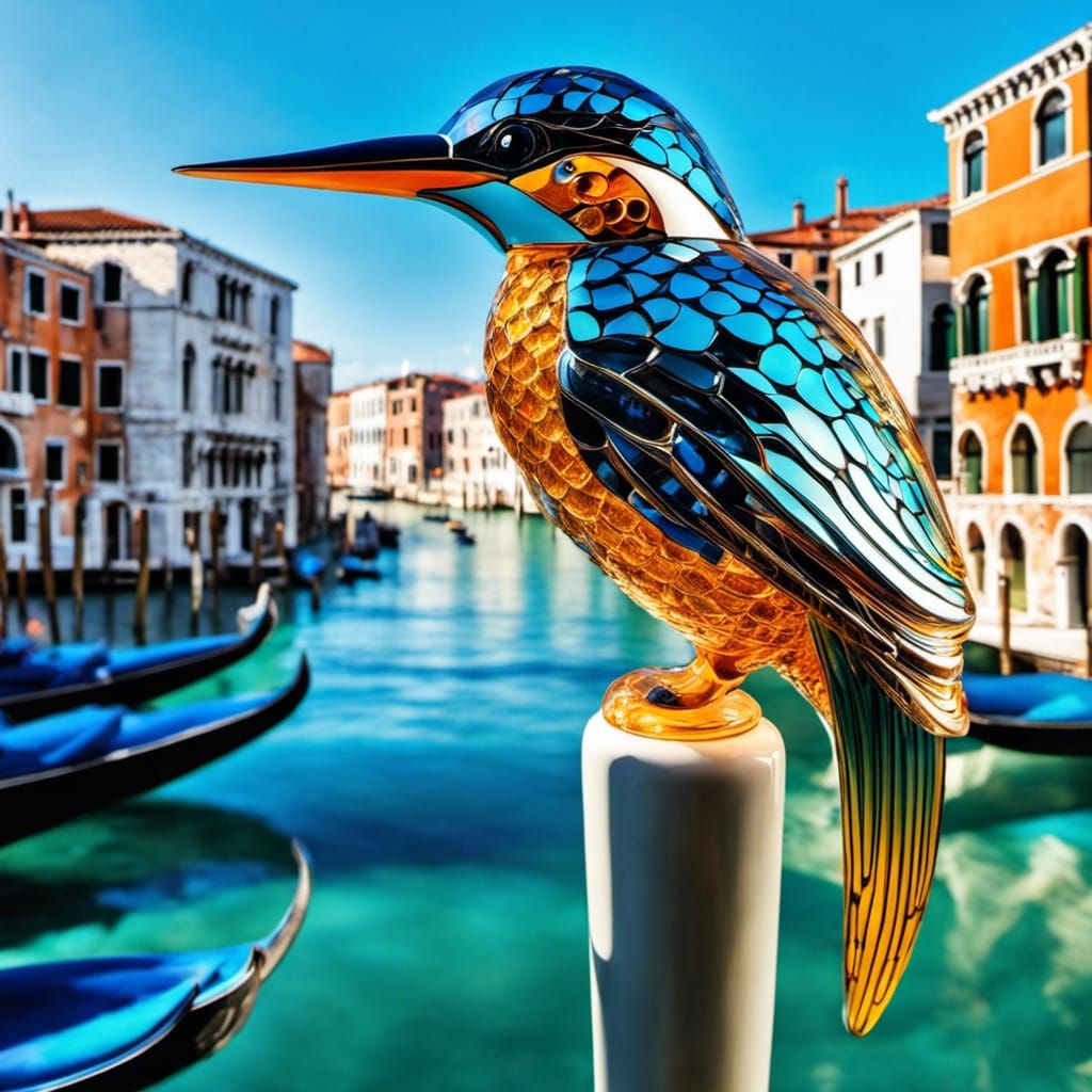 Murano blown glass kingfisher outside Venetian glass store
