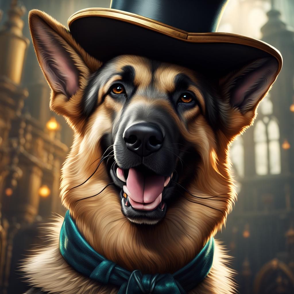 German Shepherd in Tophat: Detailed Fantasy Art