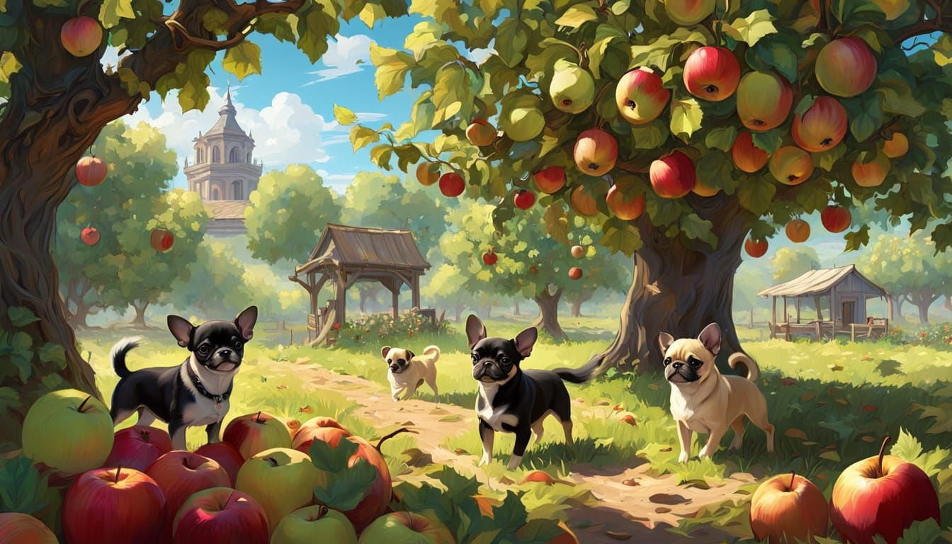 Chihuahua and Pug Puppies Play Under Apple Tree
