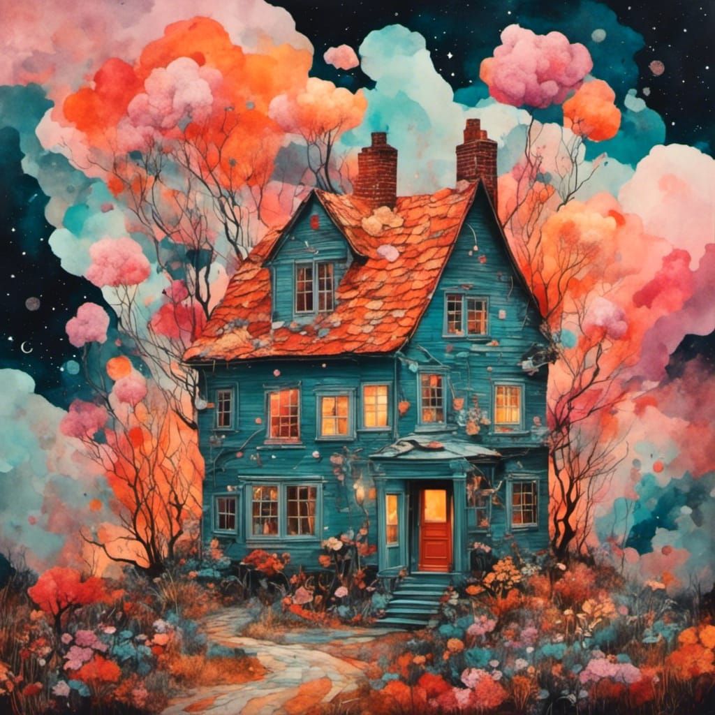 Quirky House in Magical Landscape Collage