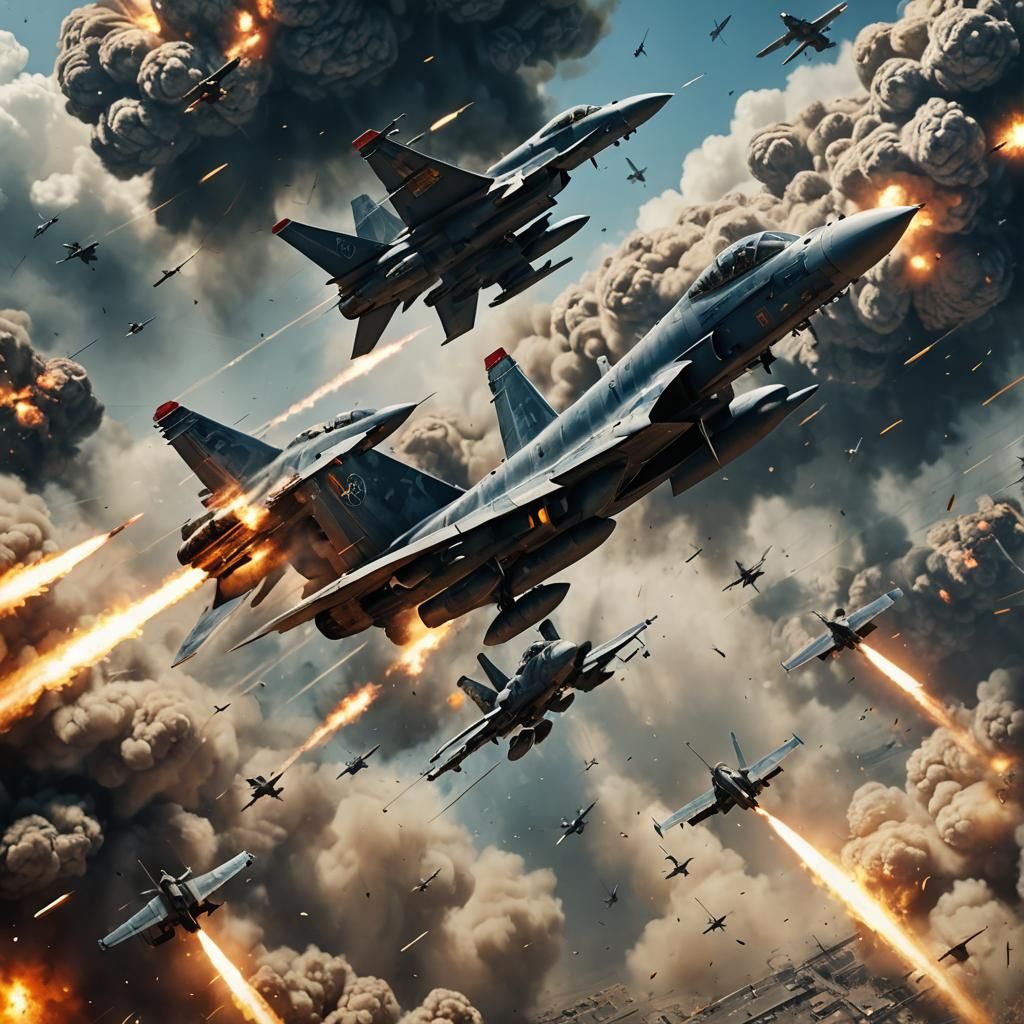 Intense Aerial Dogfight with Missiles in Digital Art