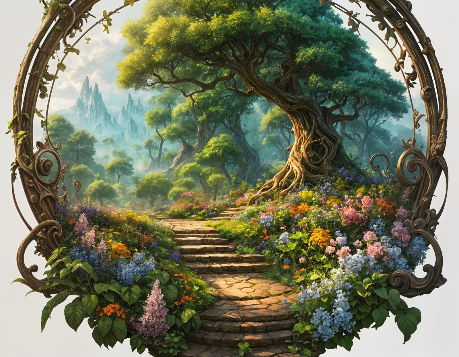 Ethereal Fantasy Garden Scene in Watercolor Style
