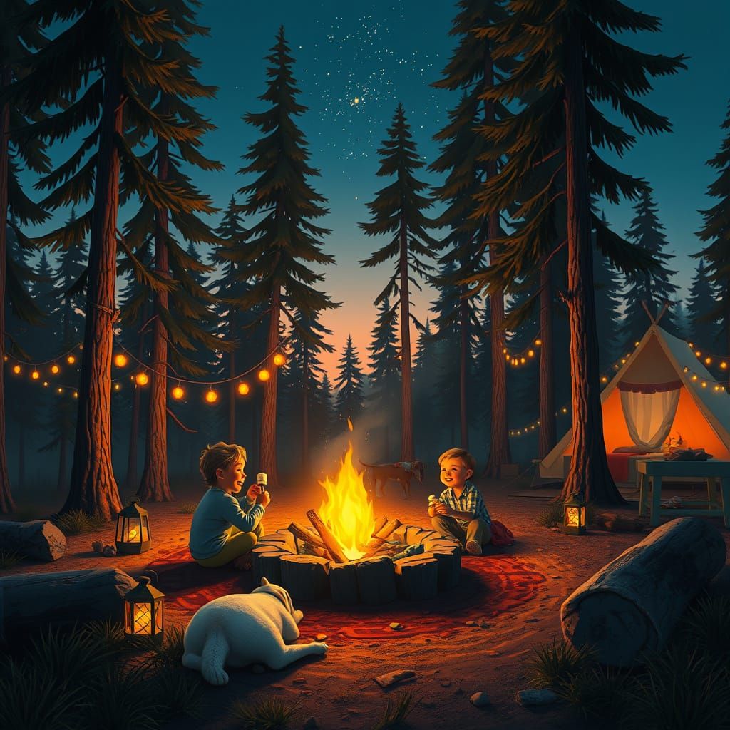 Cozy Forest Campsite at Dusk with Campfire