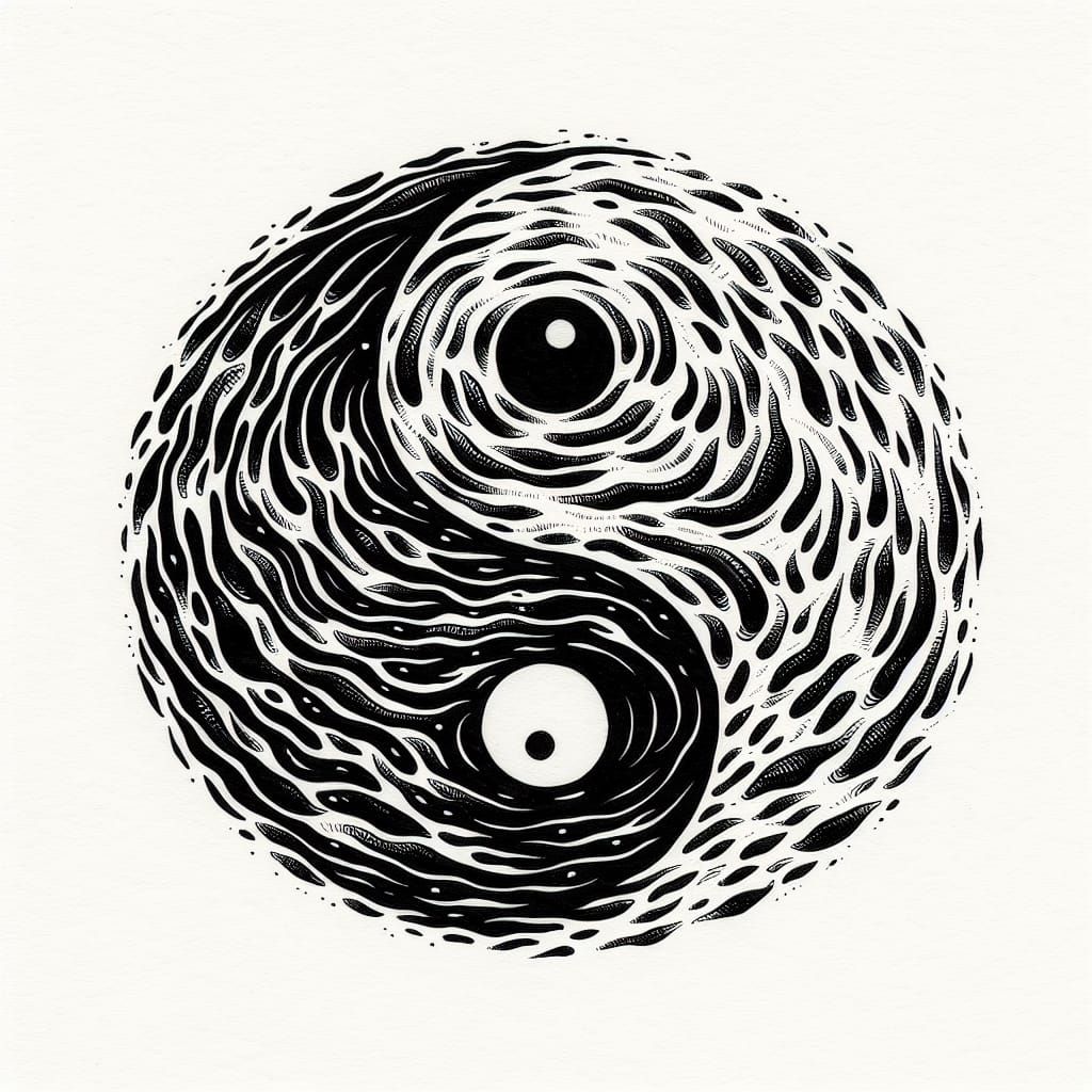 Monochromatic Ink Illustration of Serene Pond with Taijitu