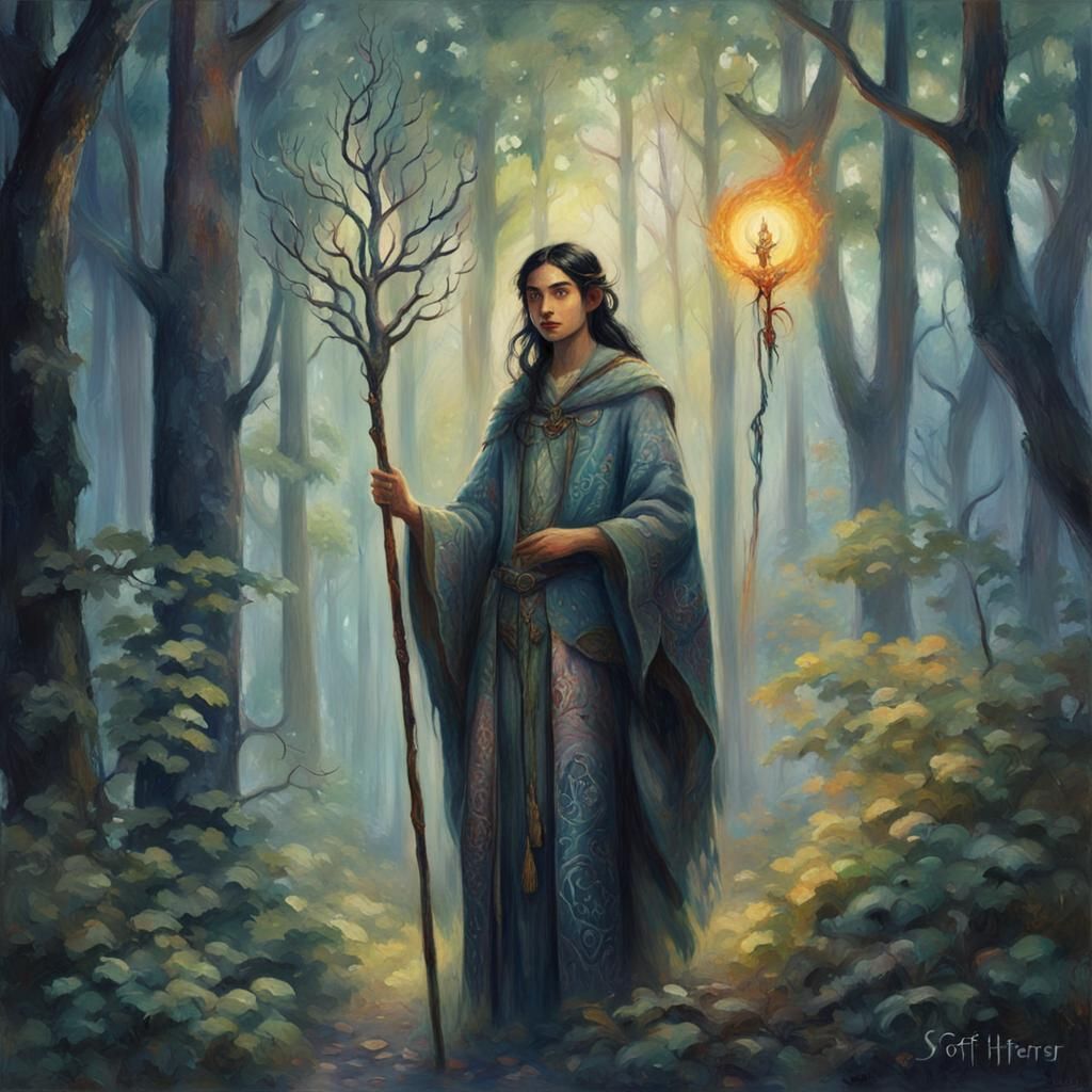 Half-Elven Druid in Mystical Forest, Art Nouveau Style