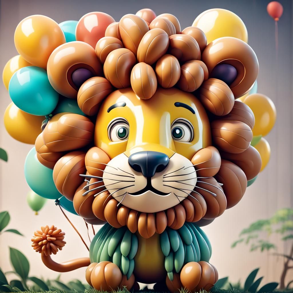 Cute Balloon Lion Character in Jungle