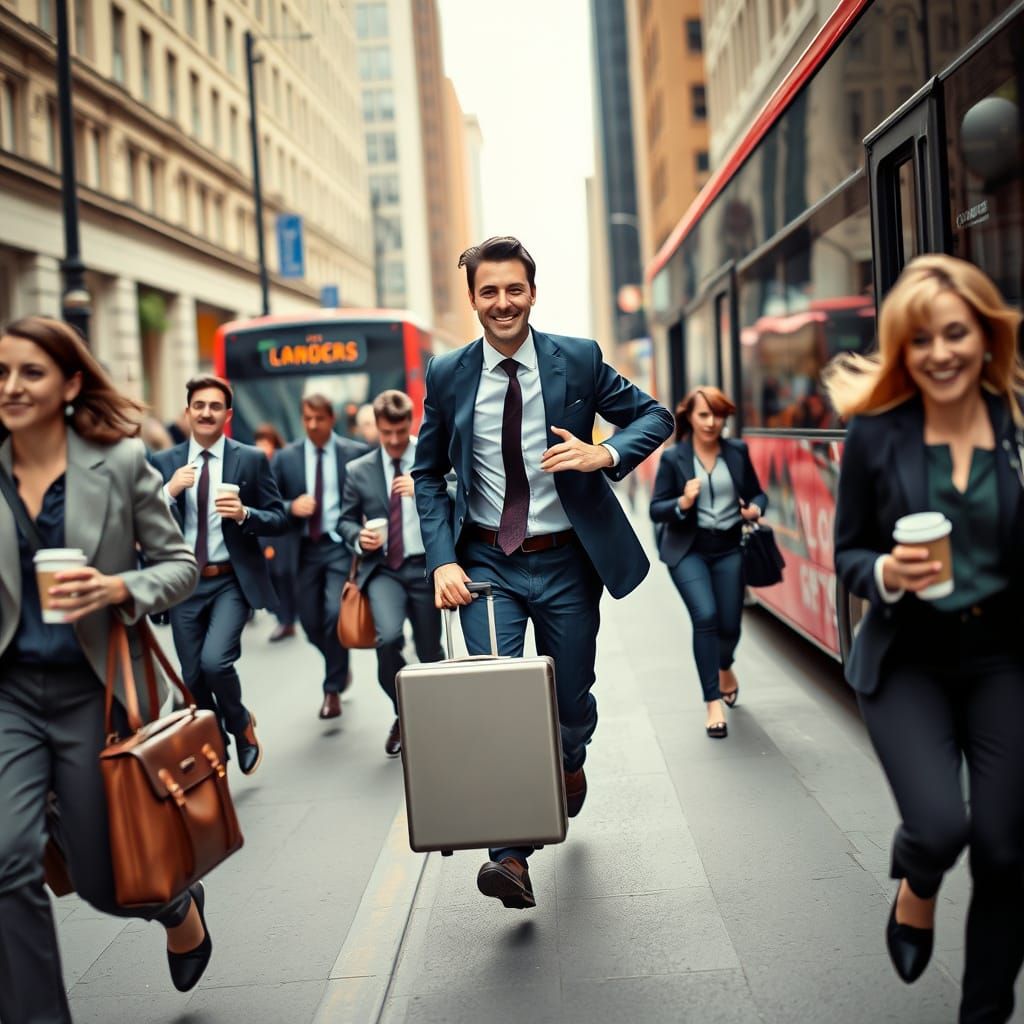Business Commuters Rush Down City Street in Morning Light