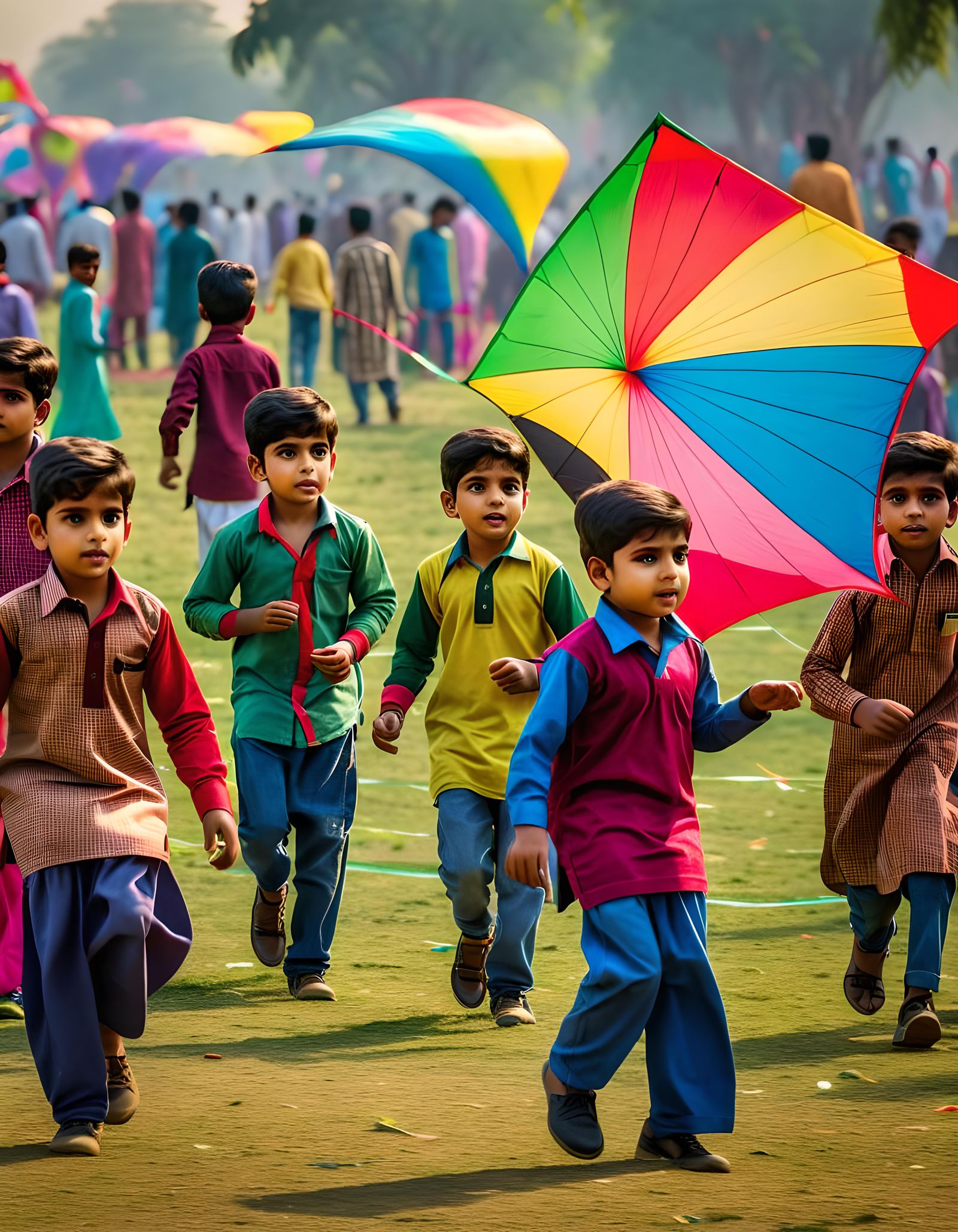 Pakistani Children Flying Elaborate Kites at Festival