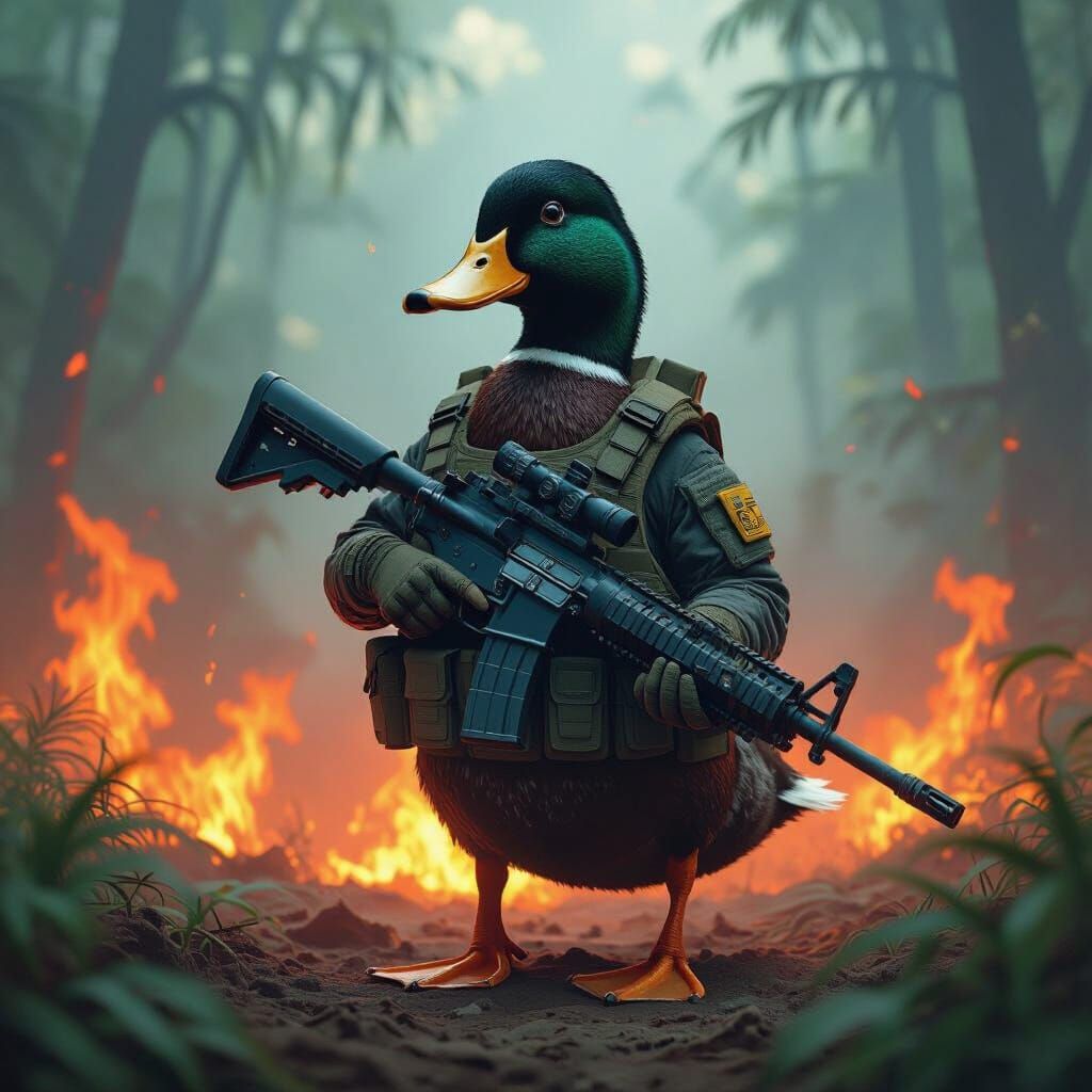 Armed Duck in Burning Jungle, Dystopian Art Style
