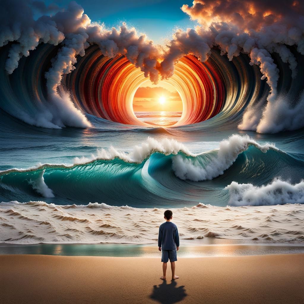 Tsunami Wave Approaches Tiny Person on Beach