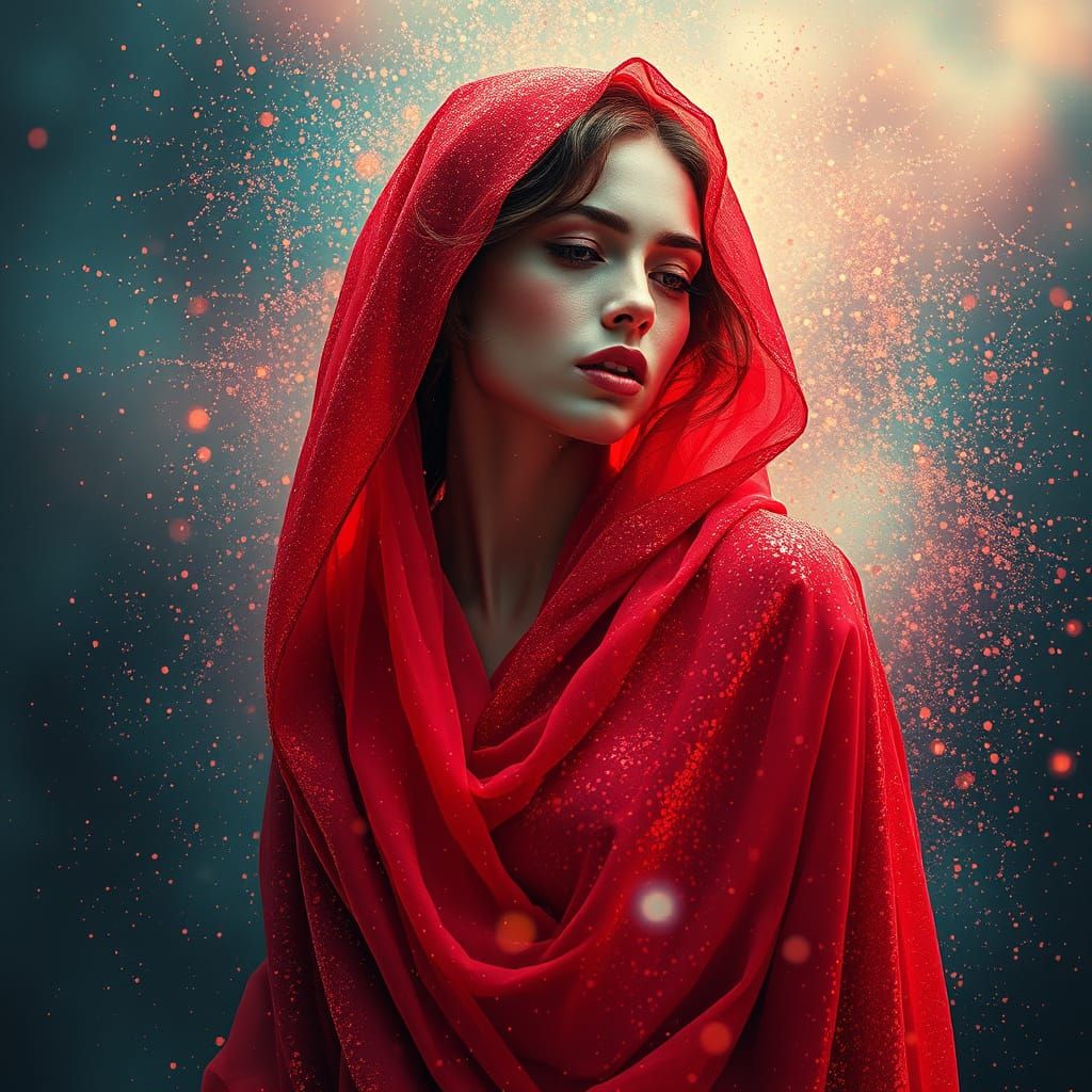Ethereal Red Goddess Amidst Cosmic Stardust