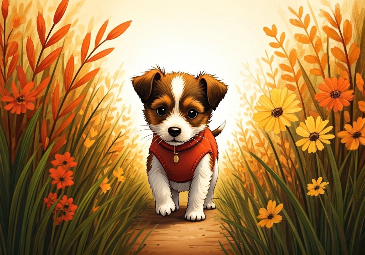 Dog Playing in Flower Meadow, Beatrix Potter Style