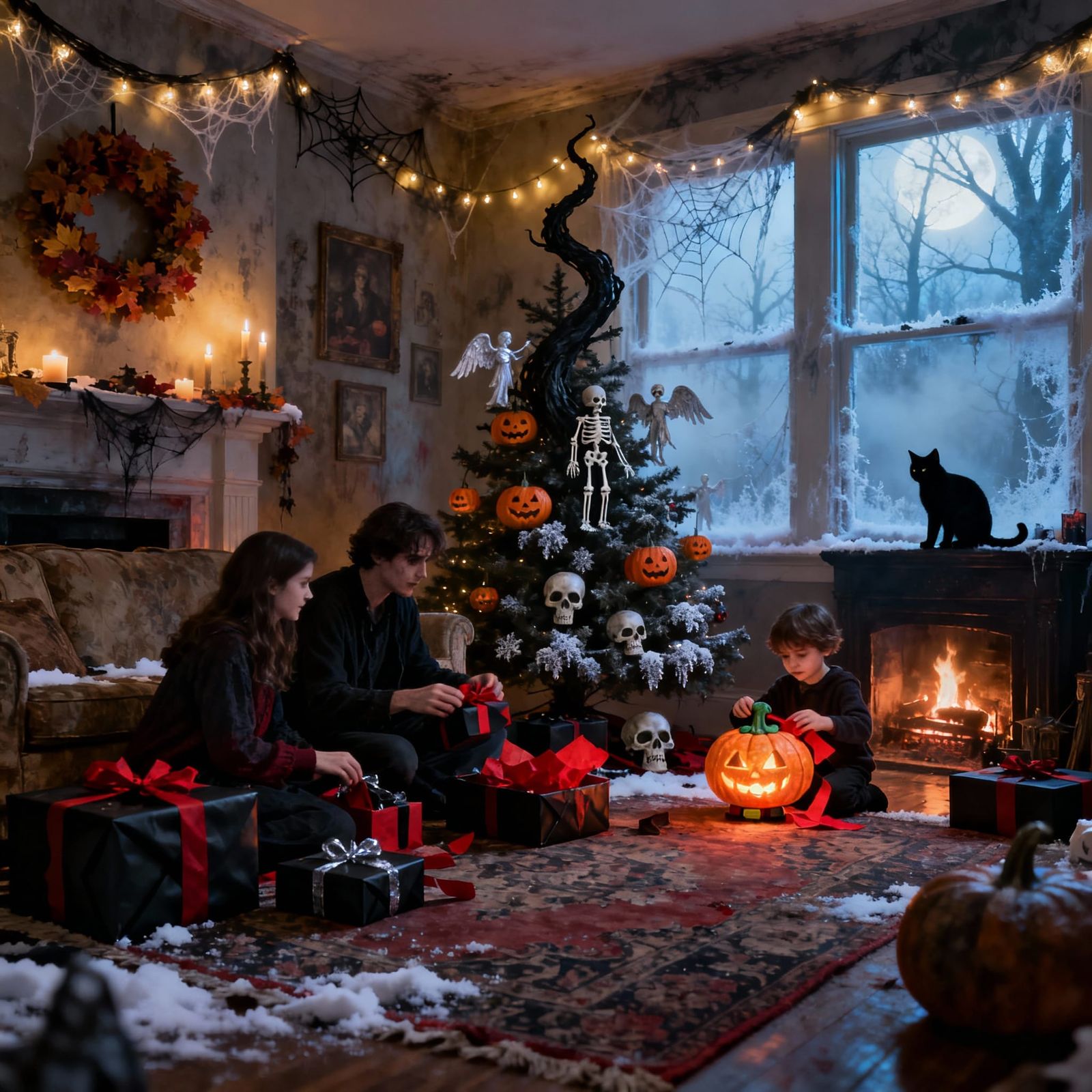 A cinematic, ultra-realistic scene of a family opening gifts...