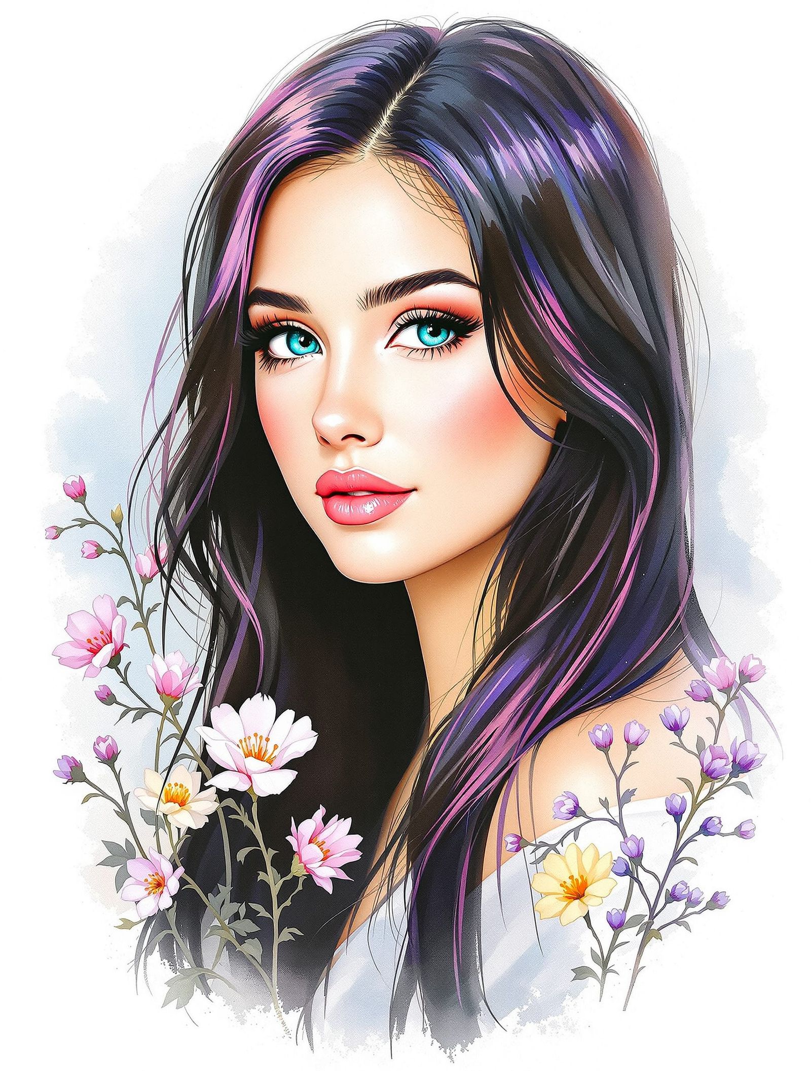 Pretty Woman Portrait in Watercolor and Pencil Sketch Style