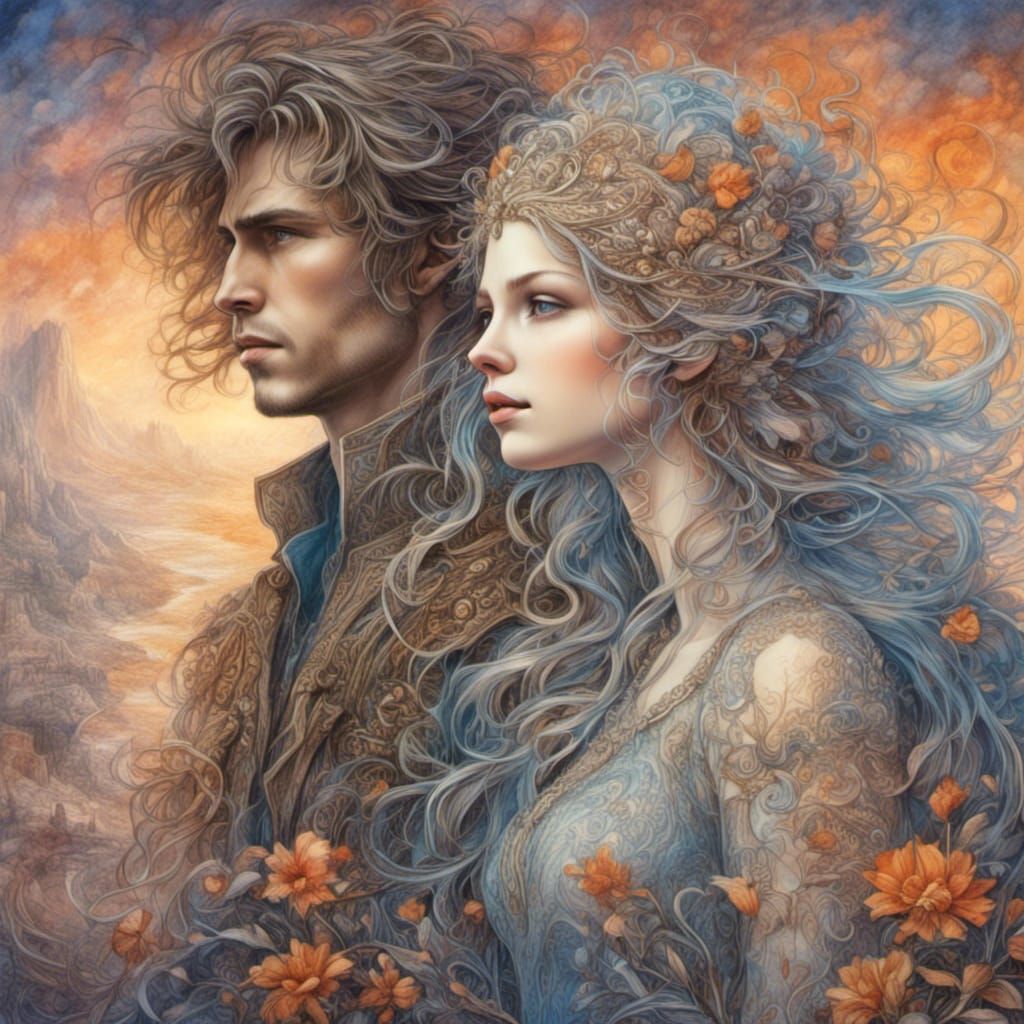 Beautiful Young Couple by Dawn in a Fantasy World