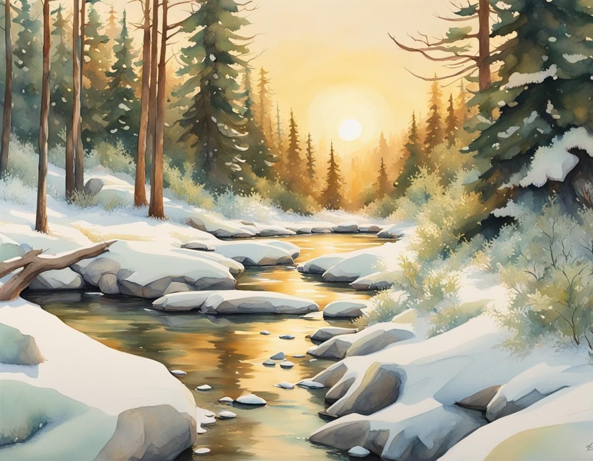 Whimsical Winter Landscape Watercolor at Sunset