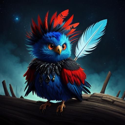 Gothic-Punk Baby Bird with Blue Mohawk, Fantasy Art