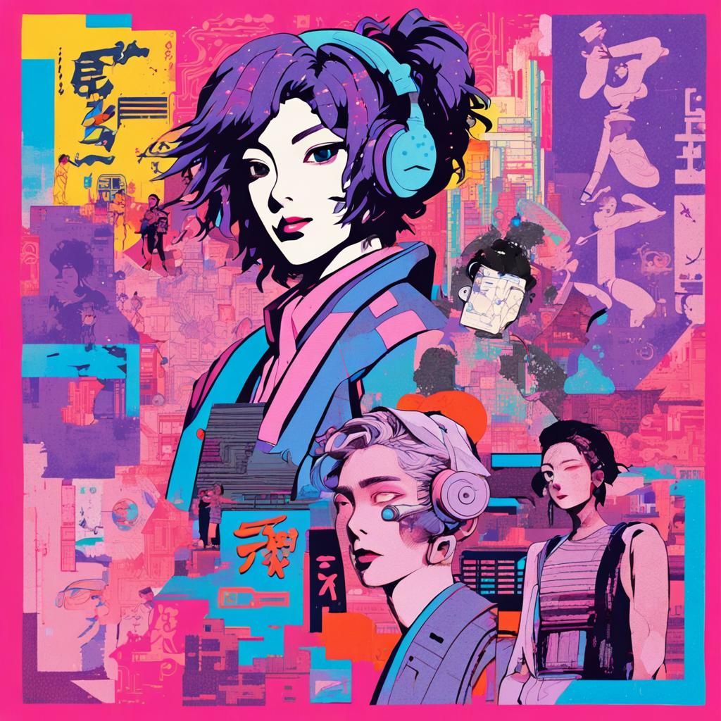 Anime Cyberpunk Collage with Kanji in Risograph Print