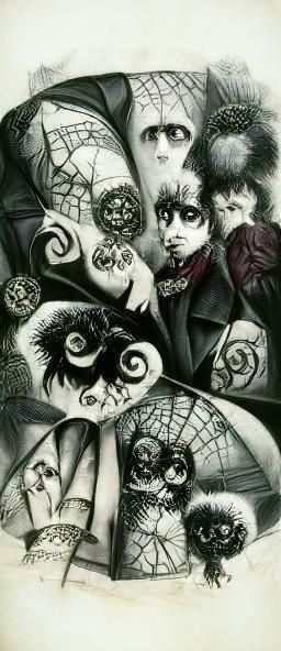 Victorian Goth Cartoon with Skulls and Spiders