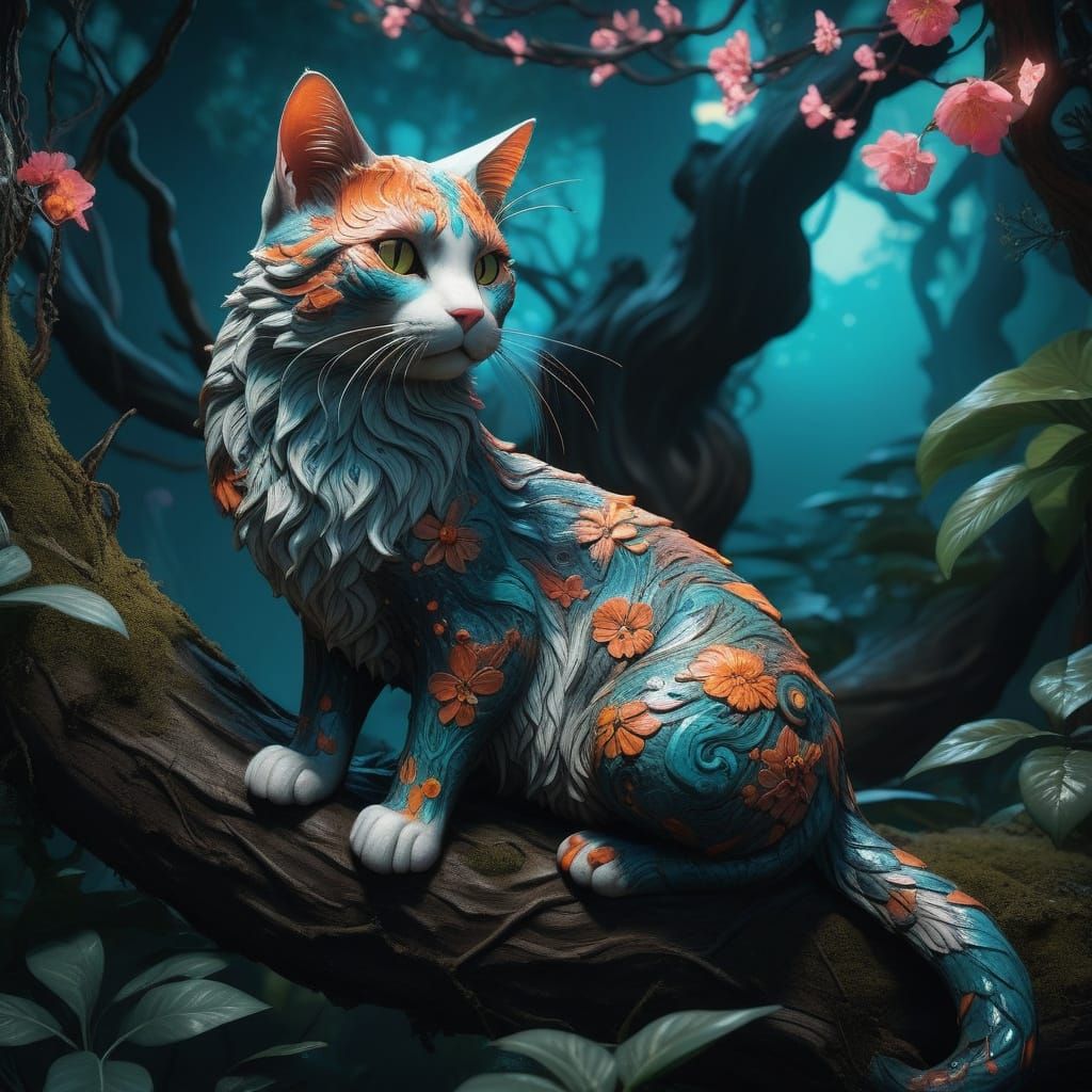 Surreal Feline Goddess Reigns in Vibrant Enchanted Forest