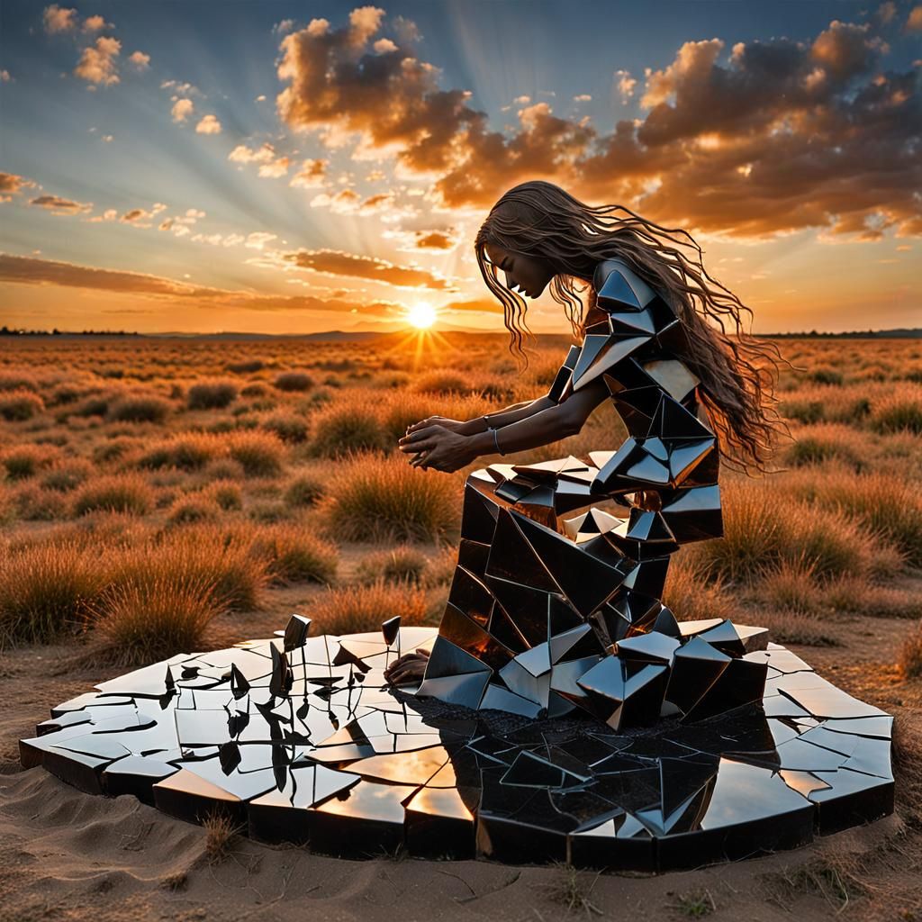 Surreal Fragmented Sculpture of Woman at Sunset
