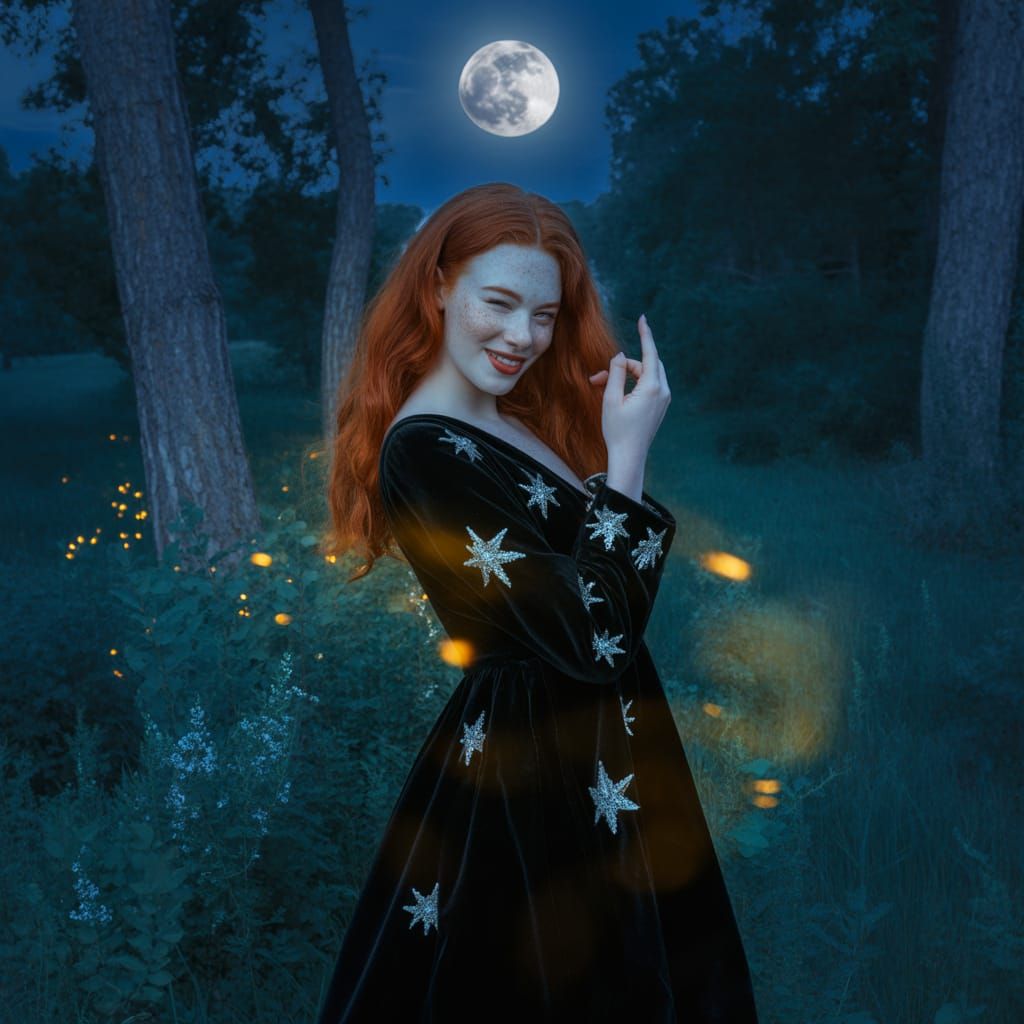 Red-Haired Woman Winking in Moonlit Forest