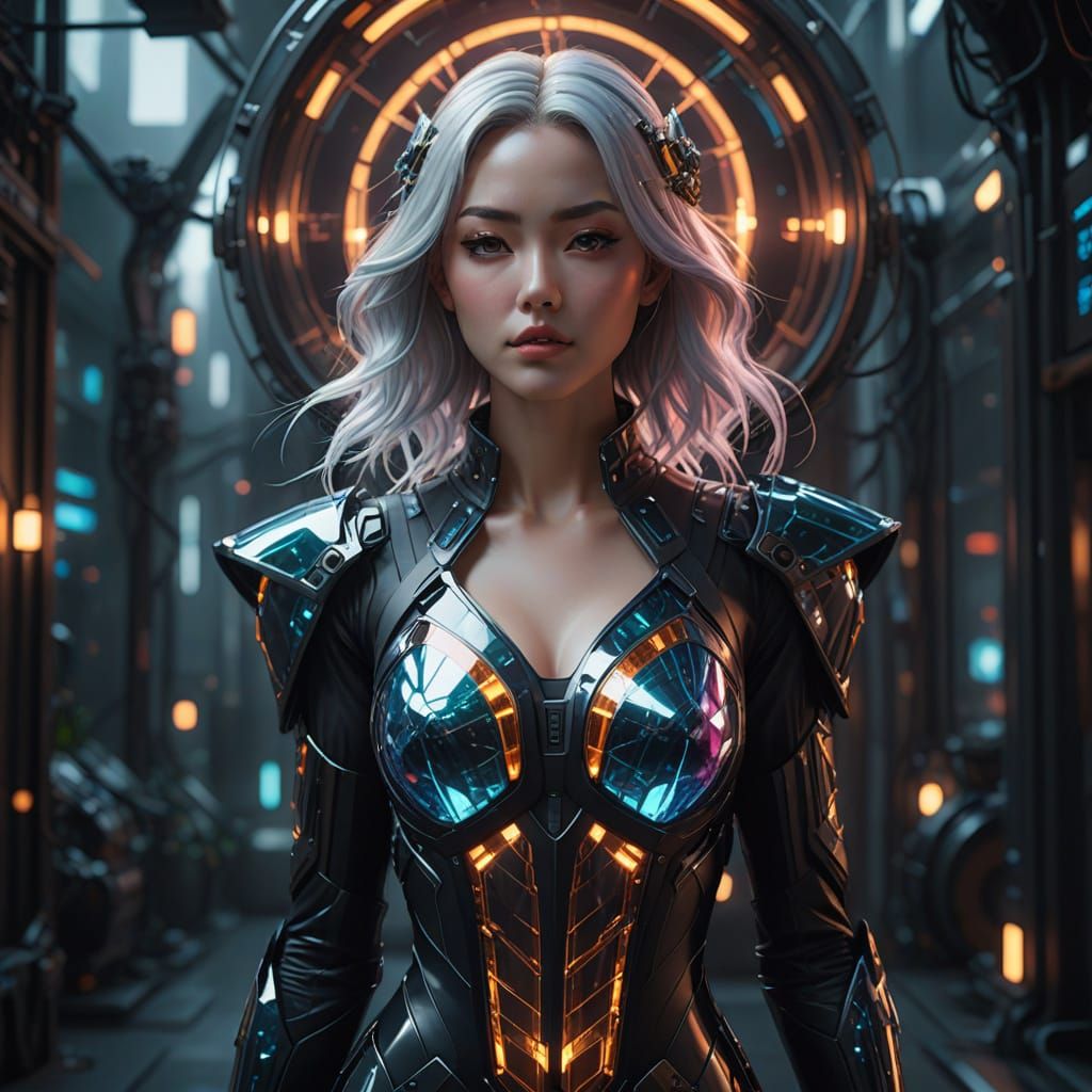 Woman in Futuristic Glowing Glass Dress