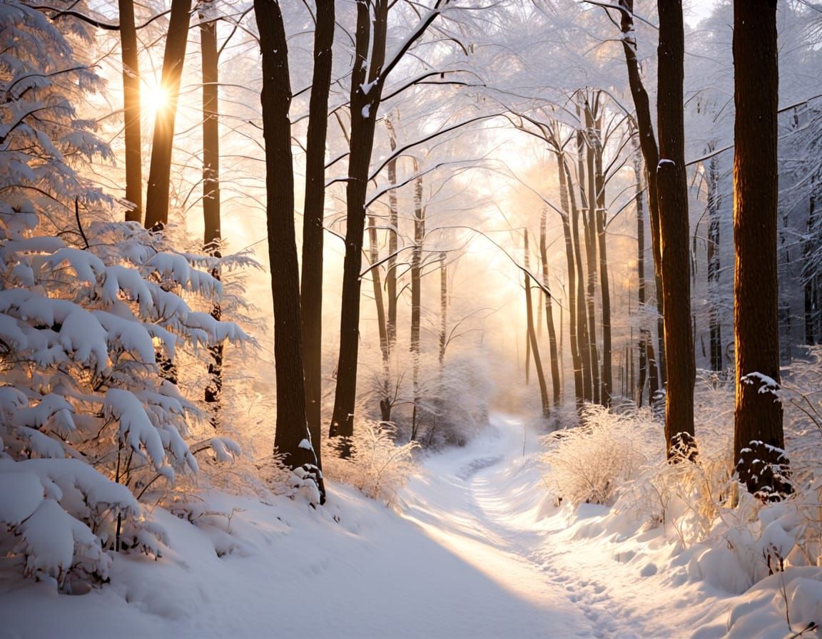 Golden Light on Snowy Forest Path