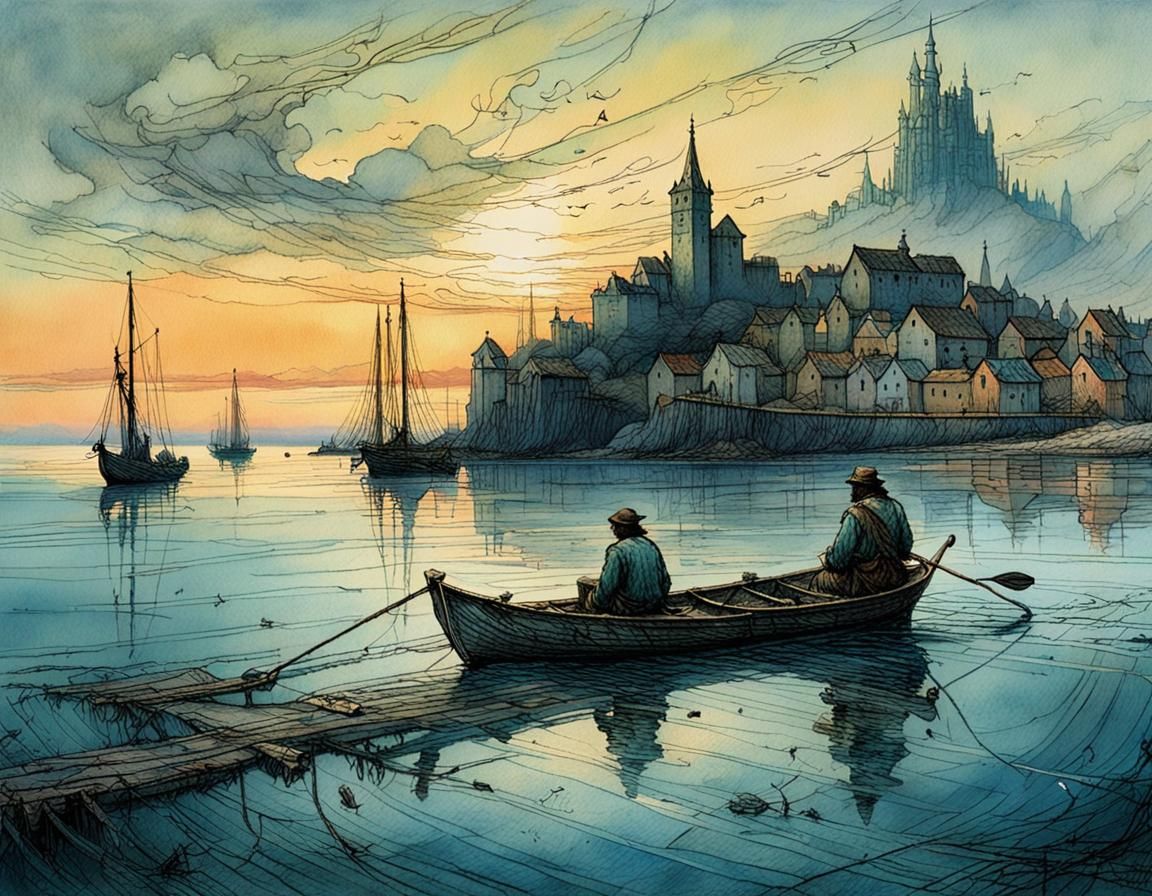 Fisherman Rows to Sea at Dawn with Medieval Island Town