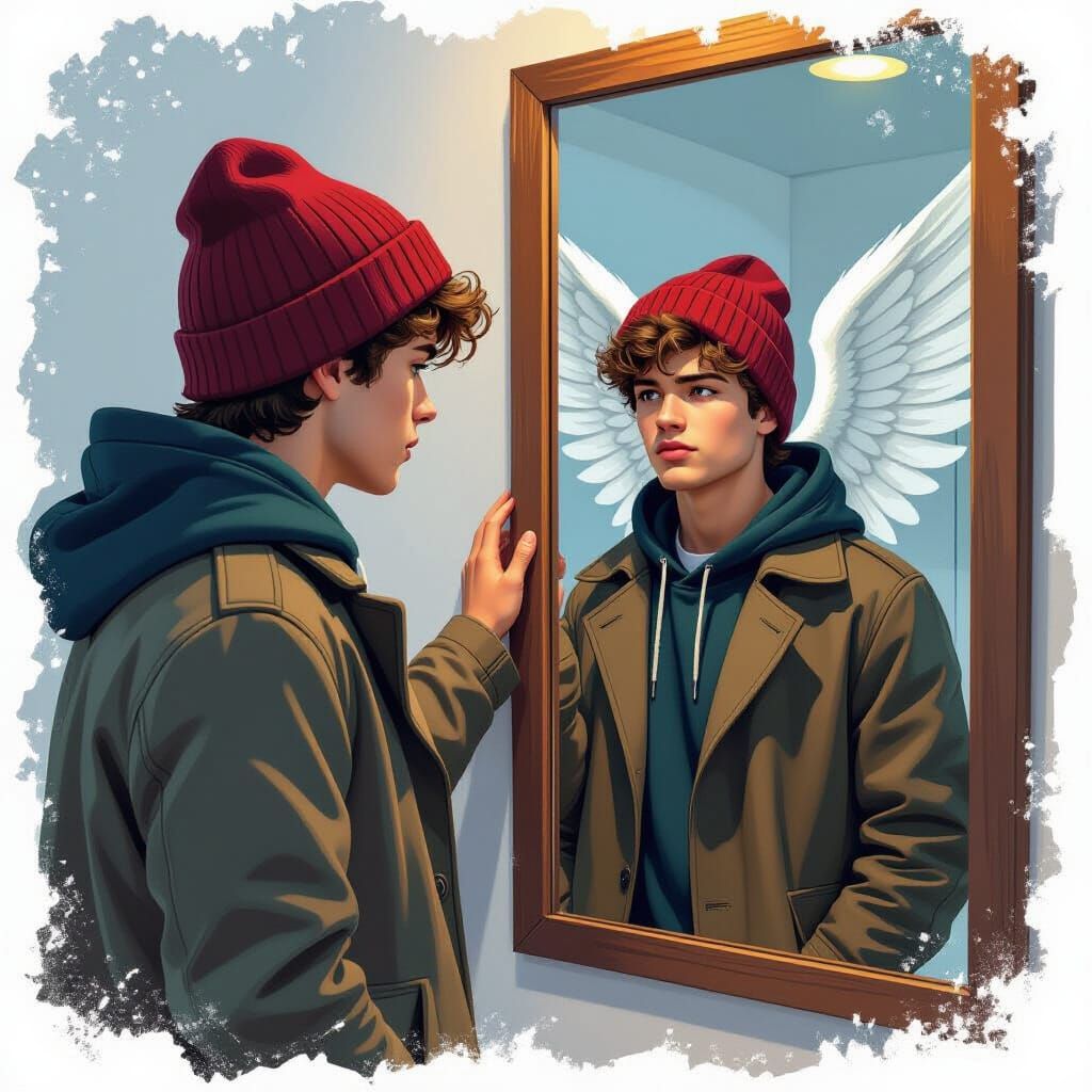 Teenager Sees Angel in Mirror, Hyperrealistic Splash Art