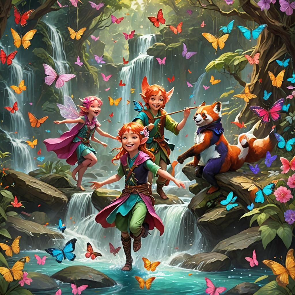 Elven Boy and Fairy Girl Play by Waterfall