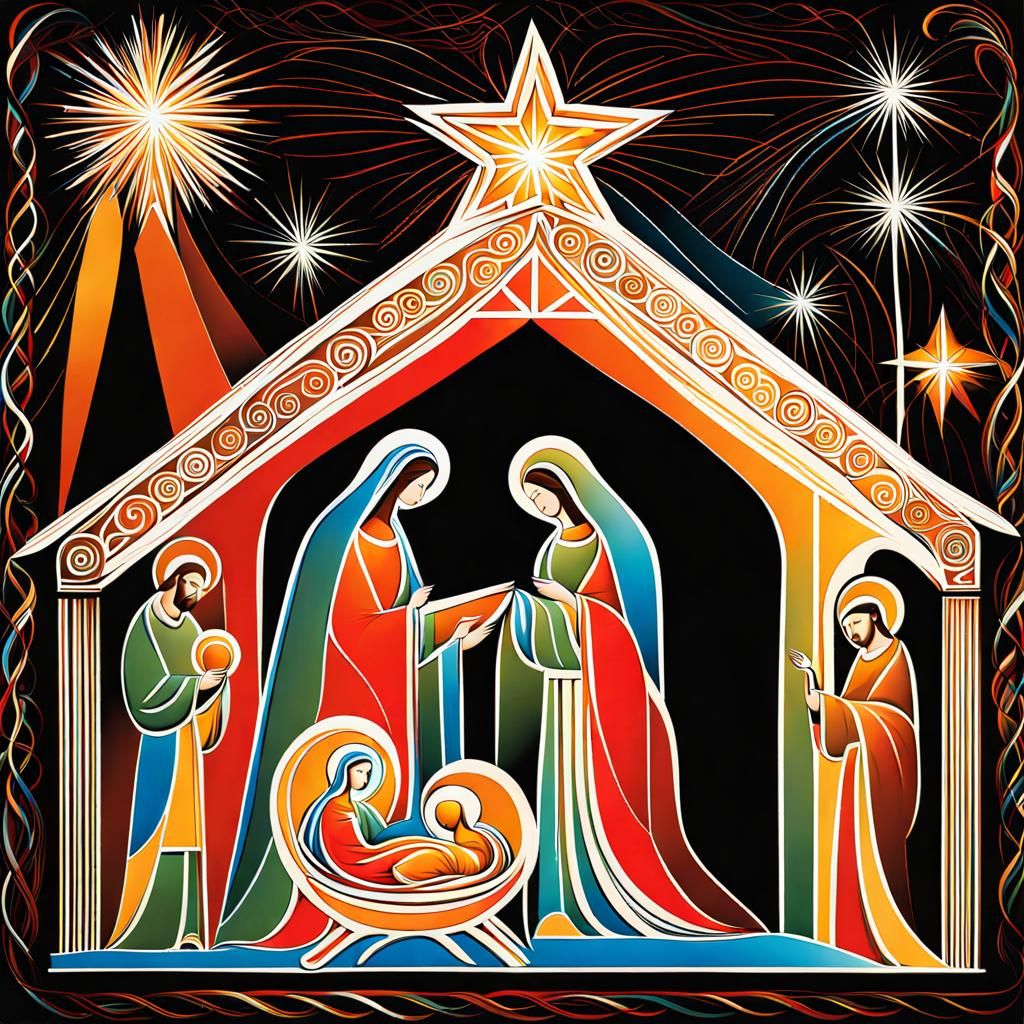 Stylized Nativity Scene with Geometric Patterns