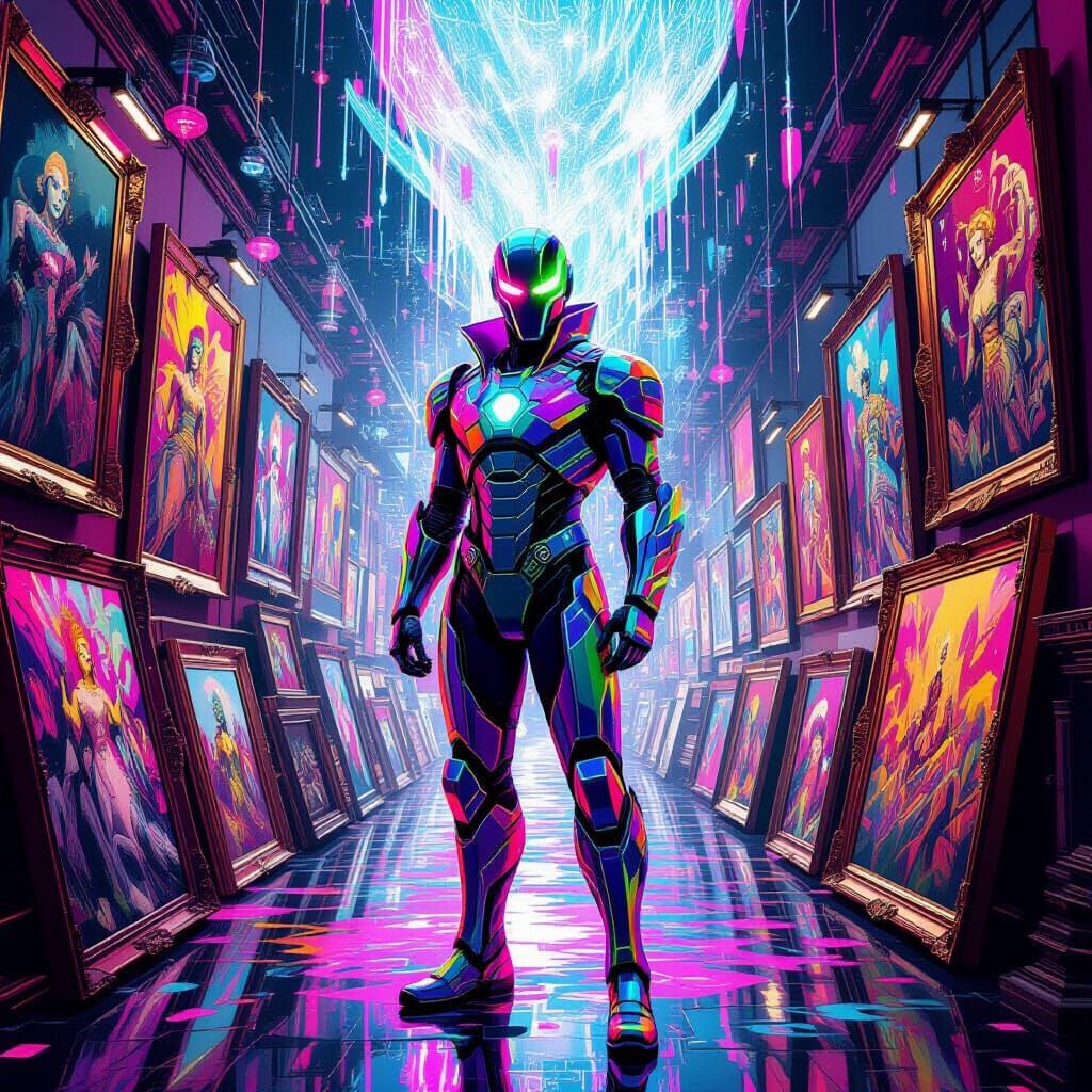 Chromatic Chaos Supervillain Surrounded by Priceless Art