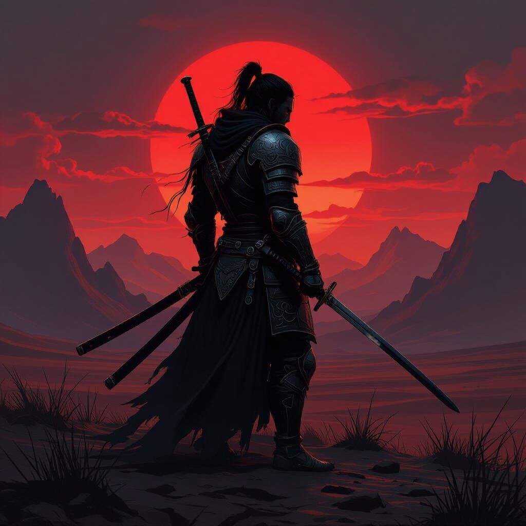 Warrior Silhouetted Against Red Sunset in Dark Fantasy Style