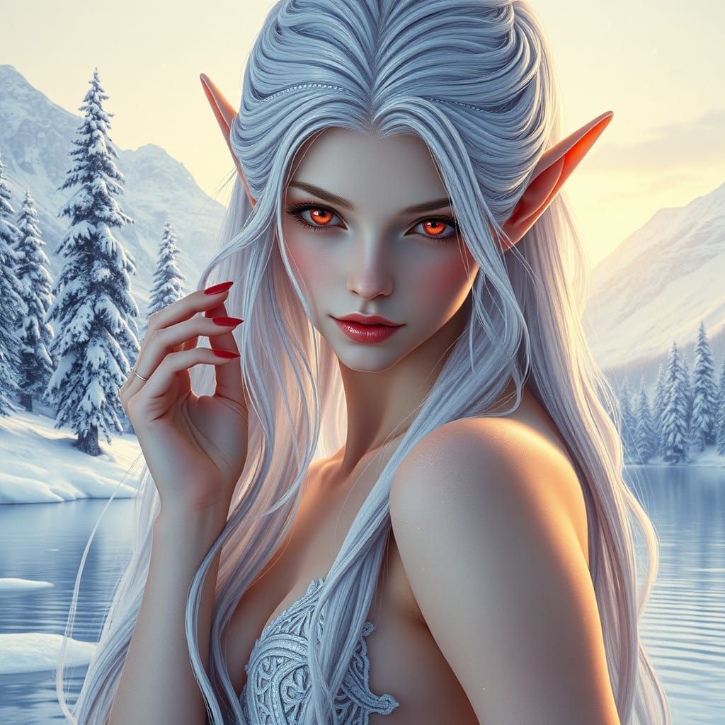 Ethereal Elf Maiden in Enchanted Winter Landscape