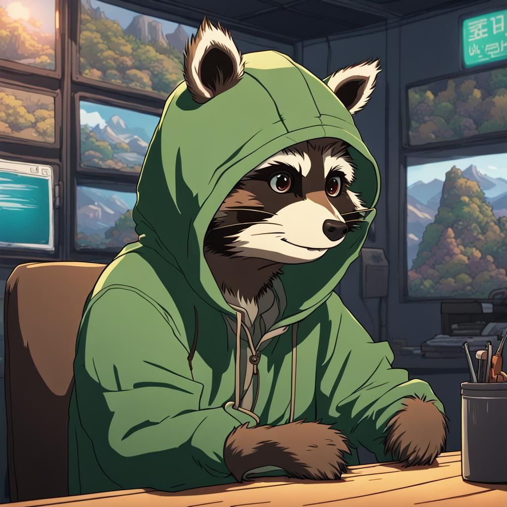 Raccoon Podcaster in Anime Style Podcast Booth