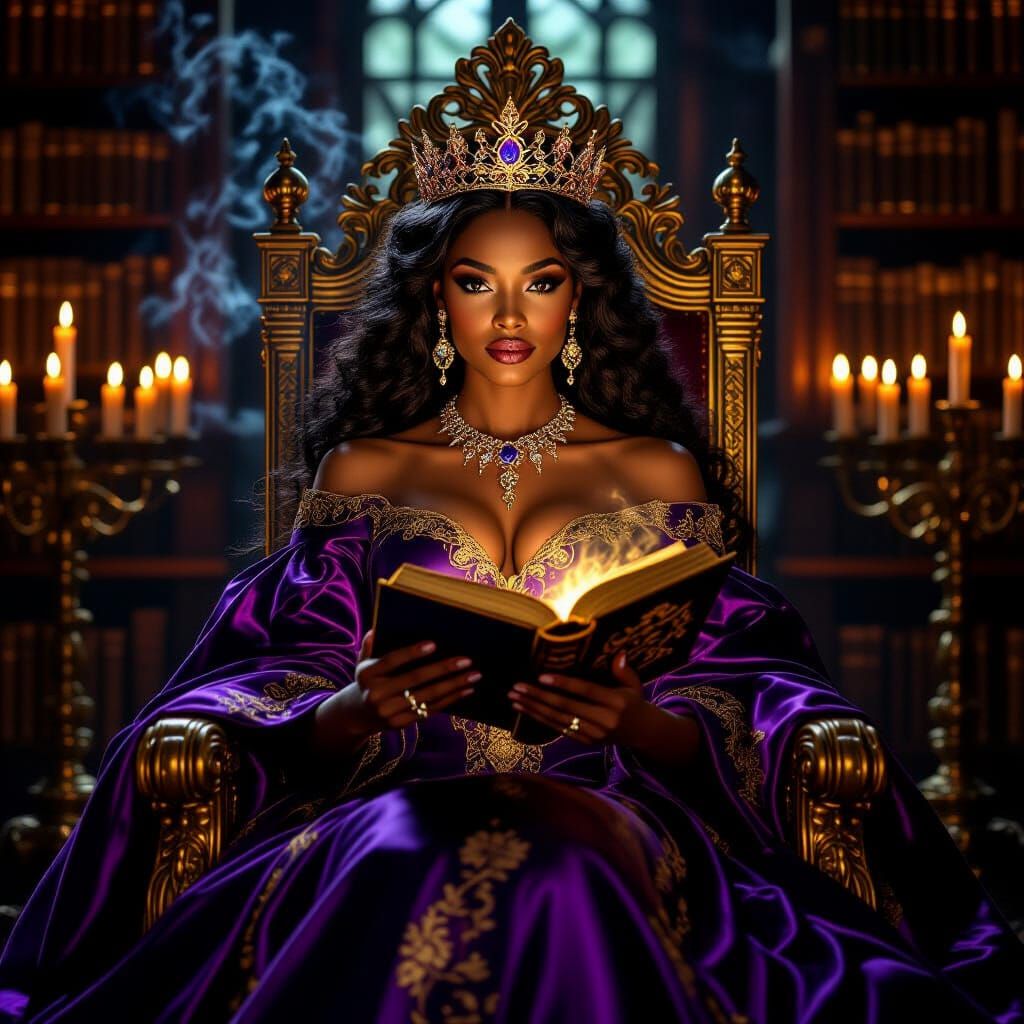 African Queen Reads Glowing Grimoire in Royal Library