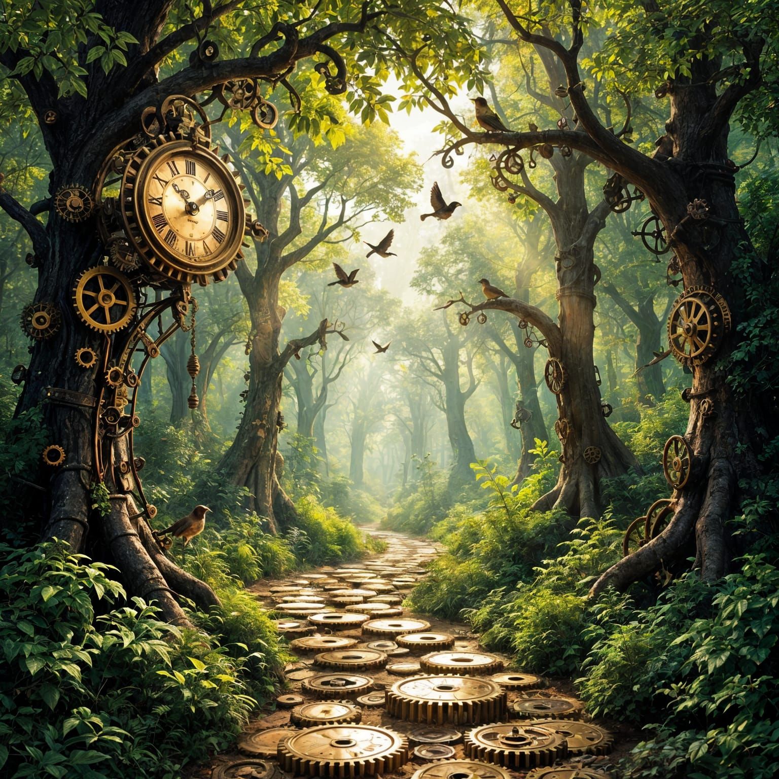 Whimsical Clockwork Forest with Mechanical Birds