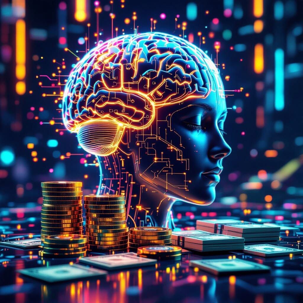 Cyberpunk Brain and Money Logo in Neon Colors