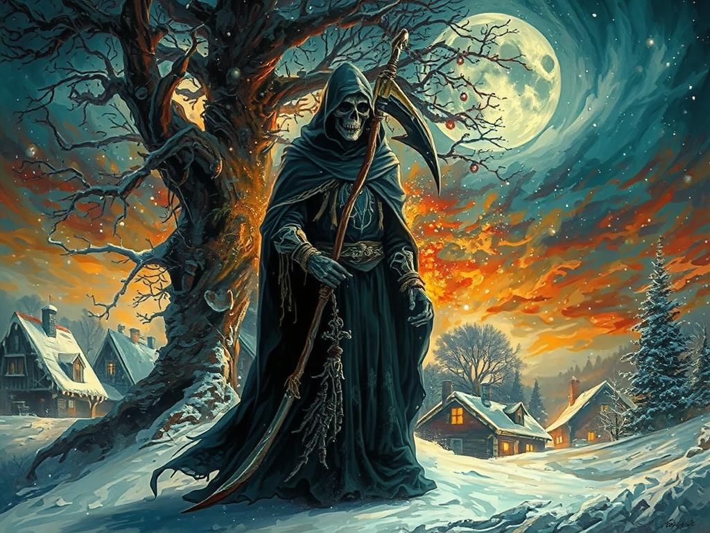 Grim Reaper Beside Christmas Tree in Snowy Village