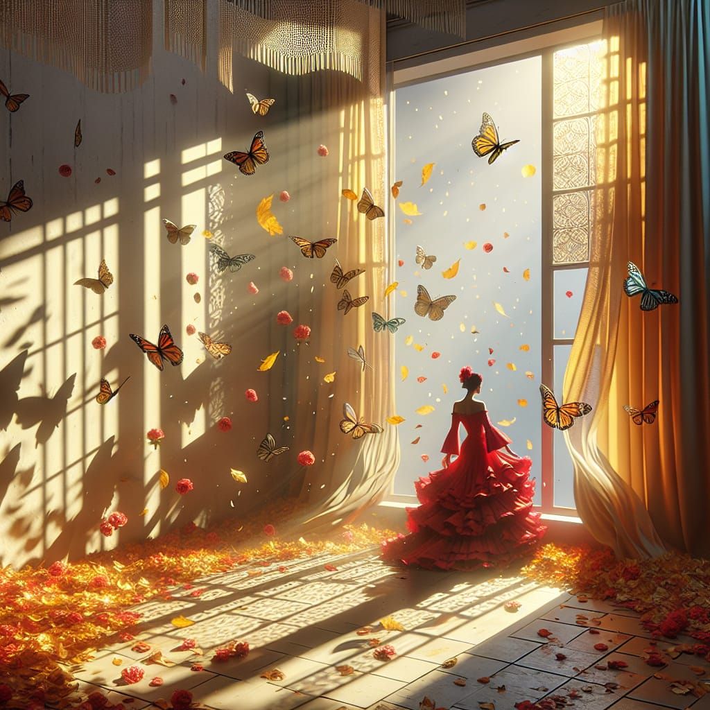 Woman in Red Dress Surrounded by Autumn Leaves