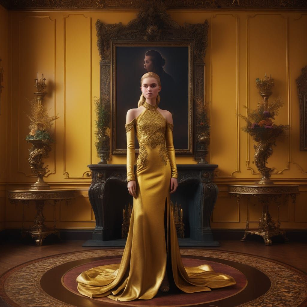 Golden Goddess in a Whimsical Yellow Sanctuary