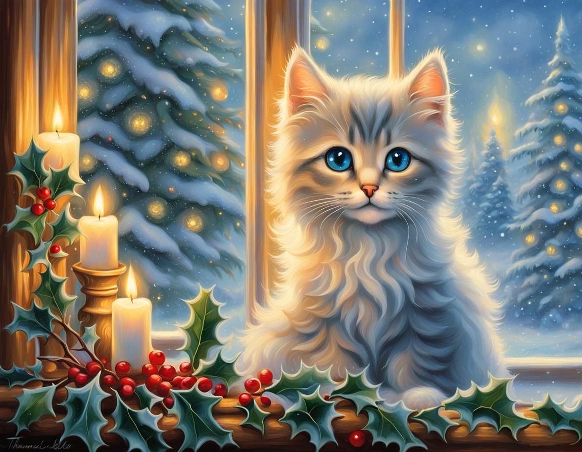 Kitten Gazing at Snowy Scene in Magical Realism