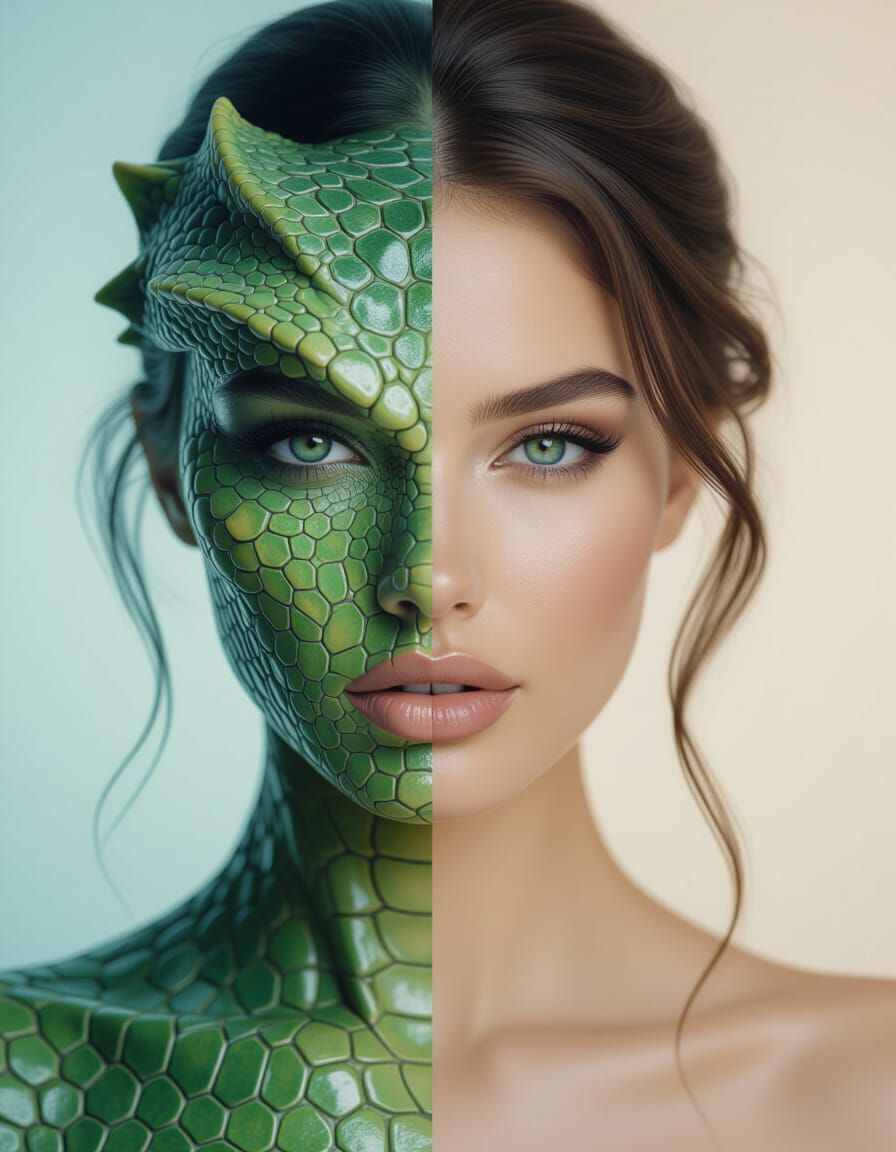 Split Image: Reptile Skin and Perfect Beauty