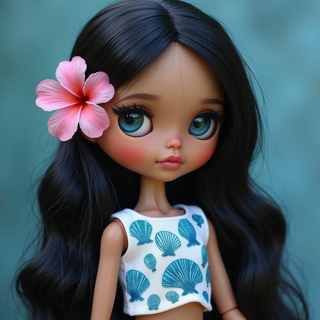 Dreamy Blythe Doll with Hibiscus and Seashells in a Whimsica...