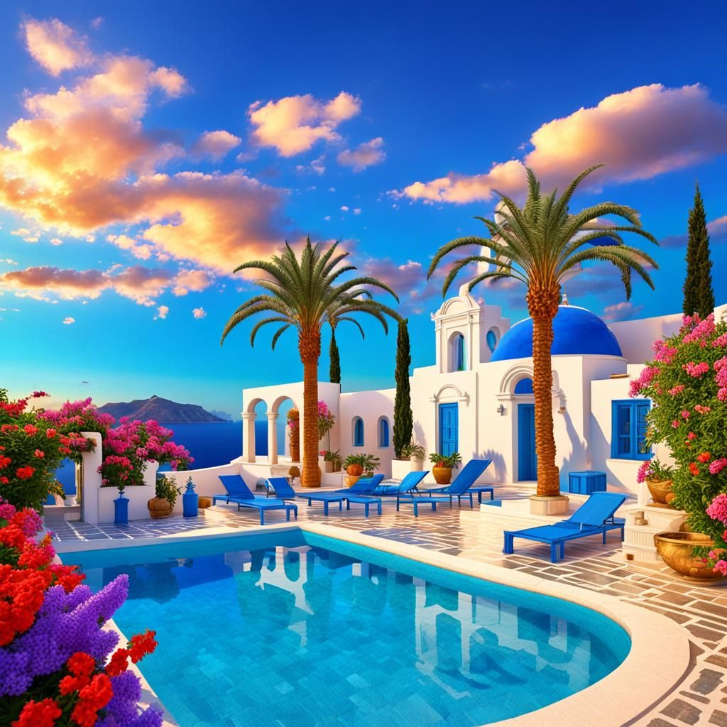 Colorful Greek Courtyard with Pool and Statues